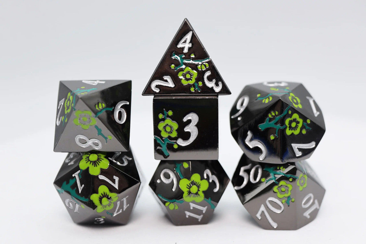 Metallic Bouquet: Black with Green Orchids - RPG Metal Dice Set | D20 Games