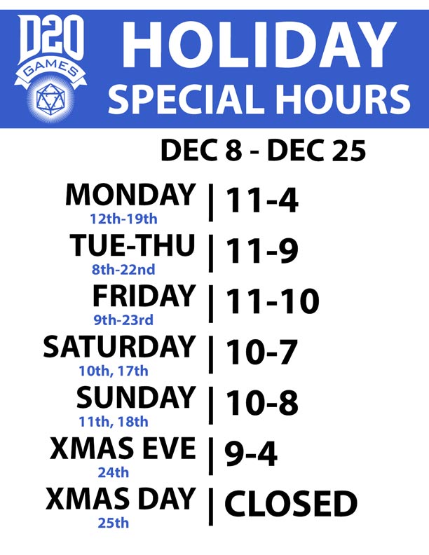 Special Holiday hours (kid free late and early times..)
