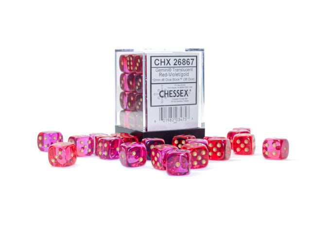 Chessex -  Gemini Translucent Red-Violet + Gold 12mm D6 Dice Block | D20 Games