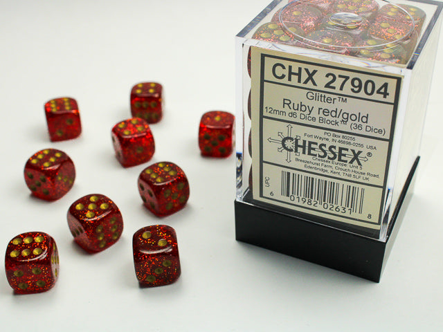 Chessex - Glitter Ruby + Gold 12mm D6 Dice Block | D20 Games