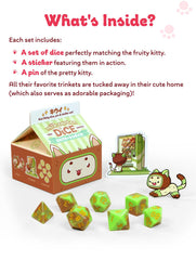 Fruit Meadows Milk Cartons: Kawaii Kiwi Kitty Dice Set | D20 Games