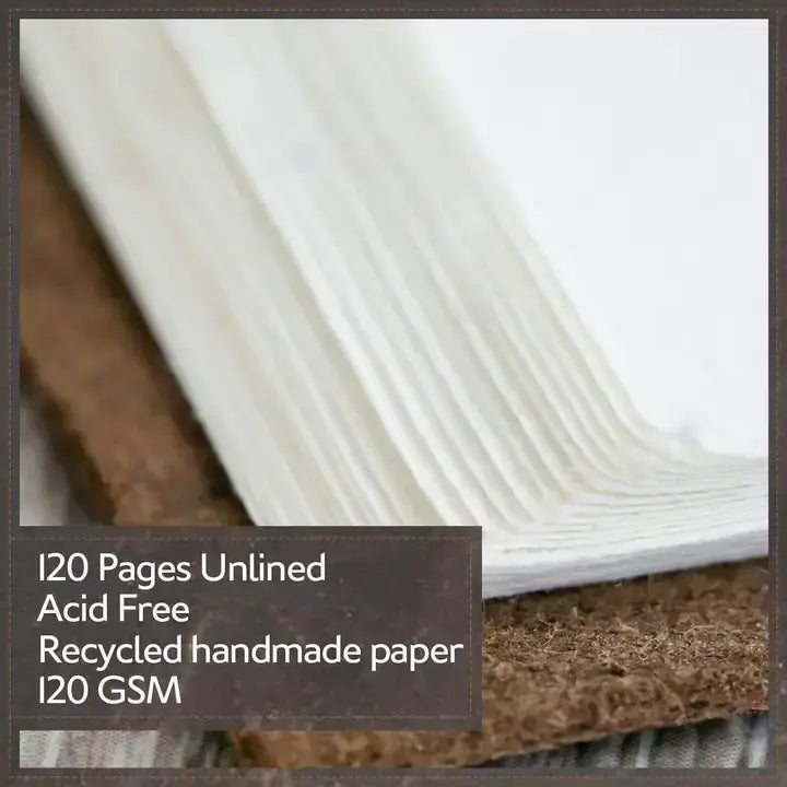 Stack of recycled handmade paper with text detailing "120 pages unlined Acid free Recycled handmade paper !20 GSM"