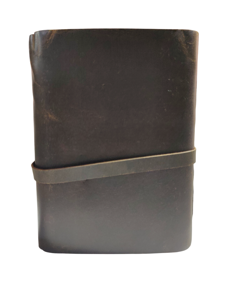 Brown leather notebook with a strap on a white background