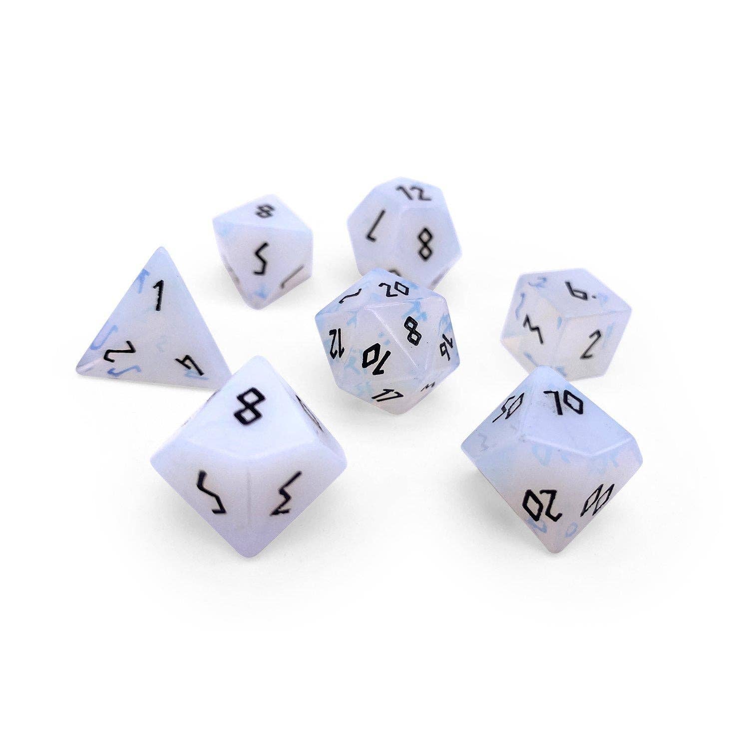 Opalite - Black Font 7 Piece RPG Set Gemstone Dice | D20 Games