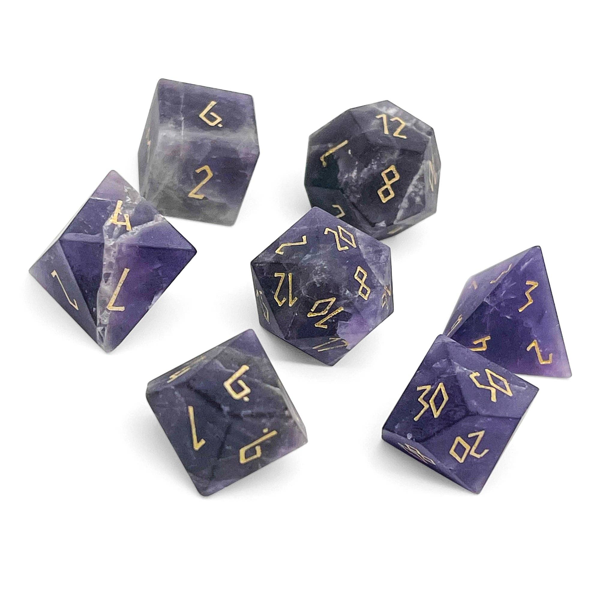 Amethyst - Frosted Gold Font 7 Piece RPG Set Gemstone Dice | D20 Games