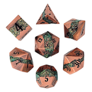 Set of copper-colored polyhedral dice with green engravings on a white background