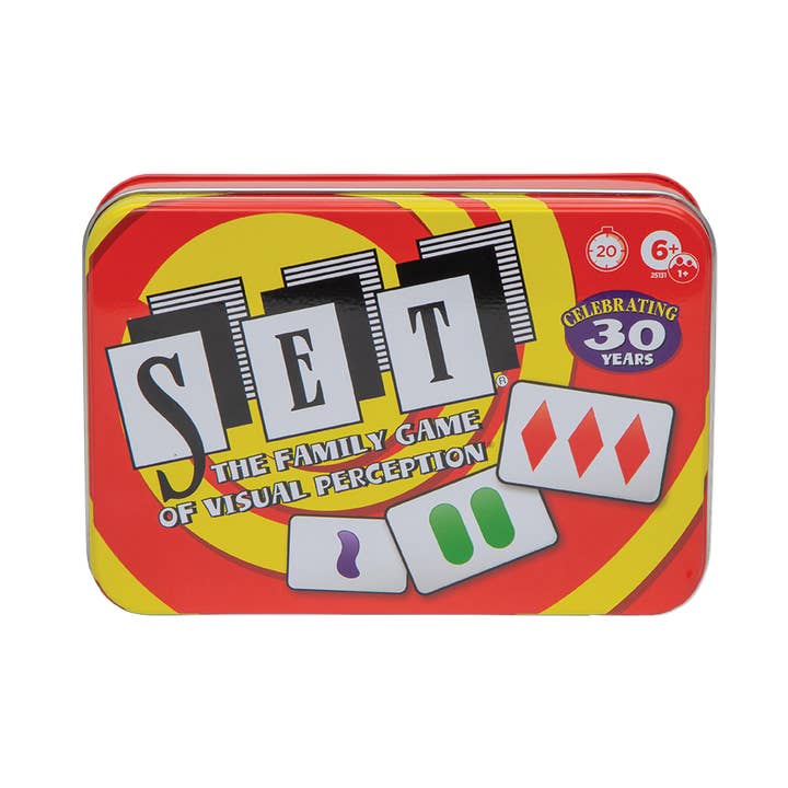 Red game tin with 'Set' branding on a white background