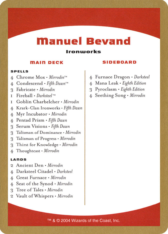 Manuel Bevand Decklist [World Championship Decks 2004] | D20 Games