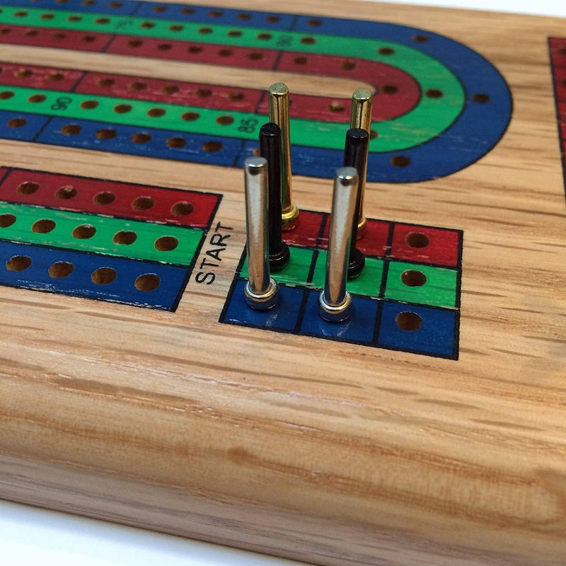 WE Games Classic Cribbage Set - Solid Wood TriColor (Blue, Green, Red) Continuous 3 Track Board with Metal Pegs