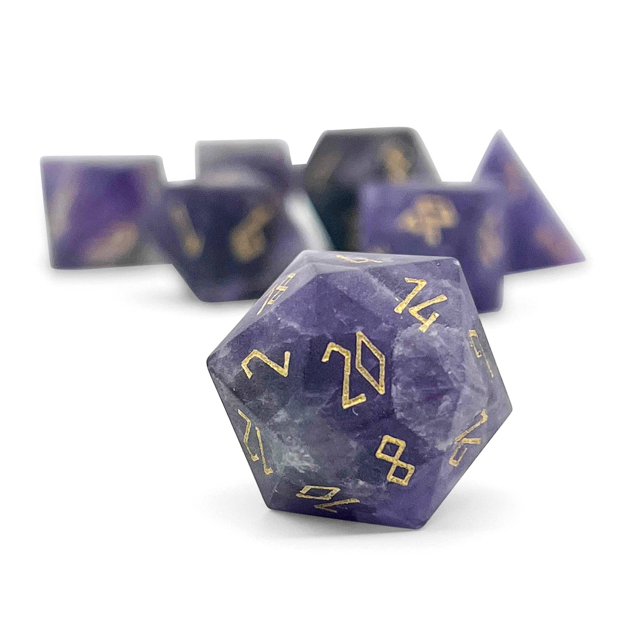 Amethyst - Frosted Gold Font 7 Piece RPG Set Gemstone Dice | D20 Games