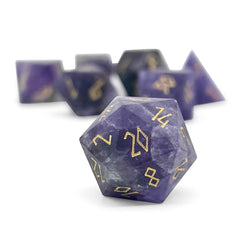 Amethyst - Frosted Gold Font 7 Piece RPG Set Gemstone Dice | D20 Games