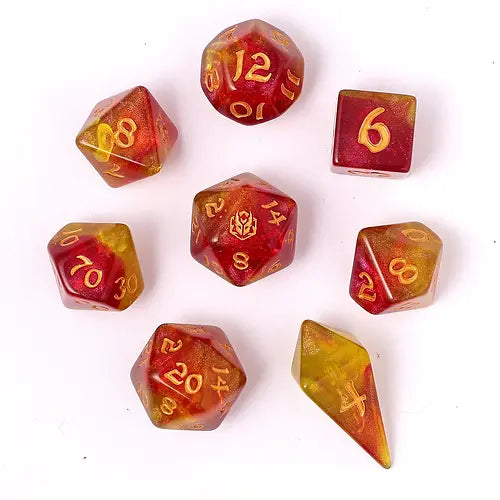 Phoenix Feather/Wyrmforged Rollers/Hymgho 8pc RPG Dice Set