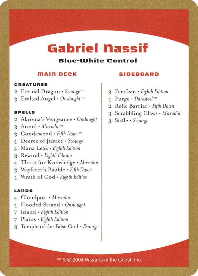 Gabriel Nassif Decklist [World Championship Decks 2004] | D20 Games