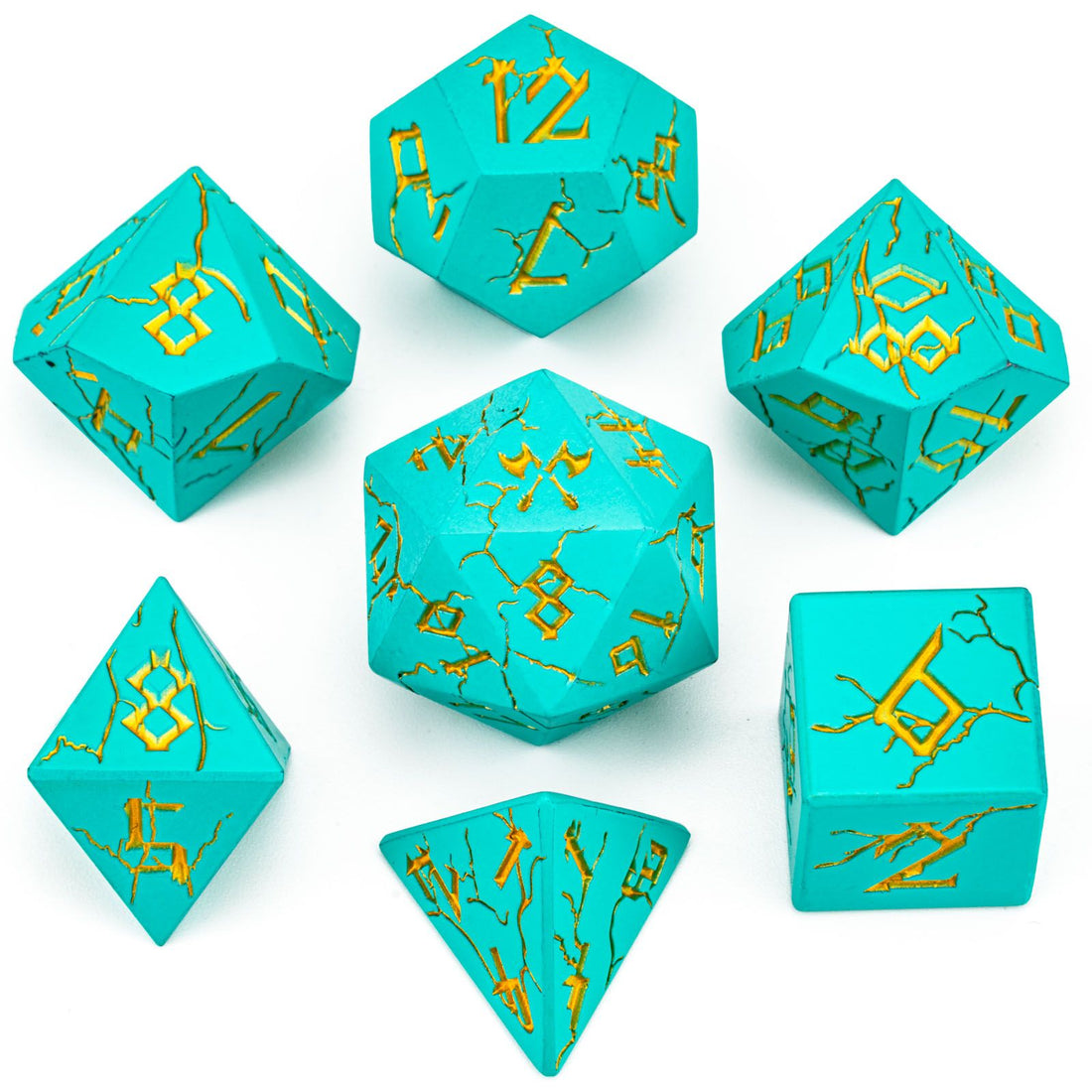 Barbarian Solid Metal Polyhedral Dice Set-Turquoise with Gold | D20 Games