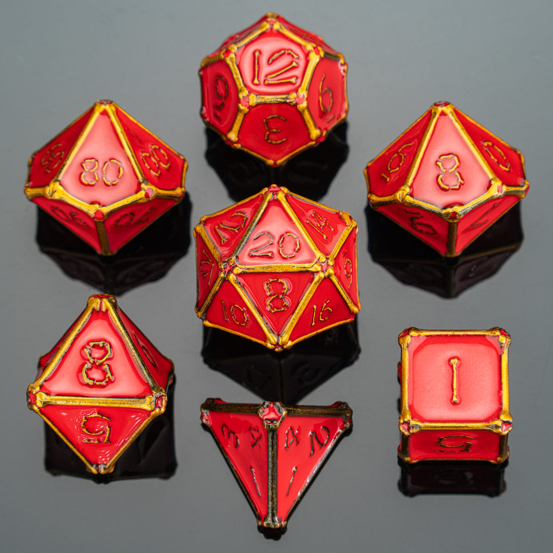 Gold with Red enamel Bone Collector Solid Metal Dice Set | D20 Games