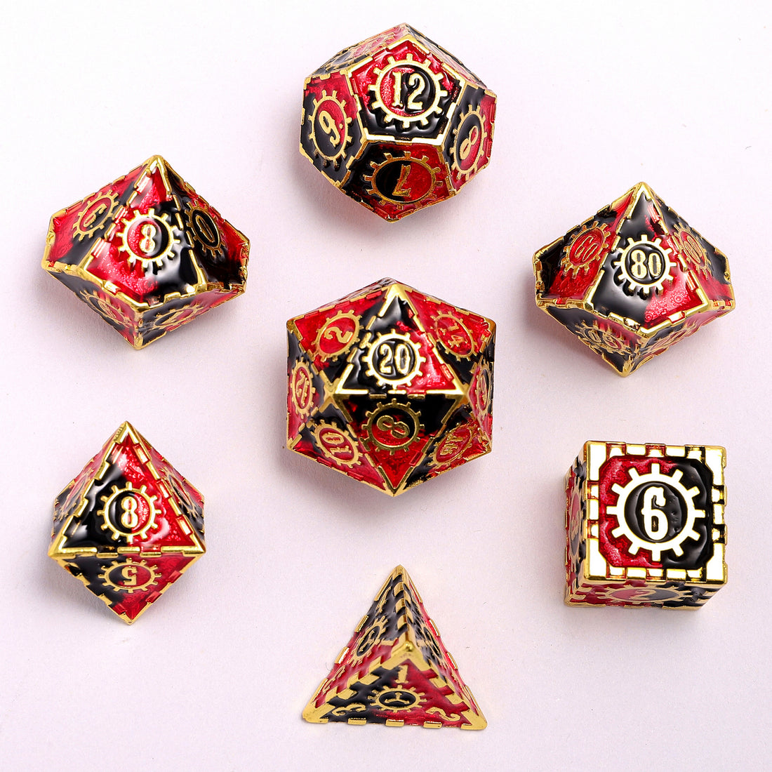 Gears of Fate Solid Metal Dice Set-Gold w/Red&Black | D20 Games