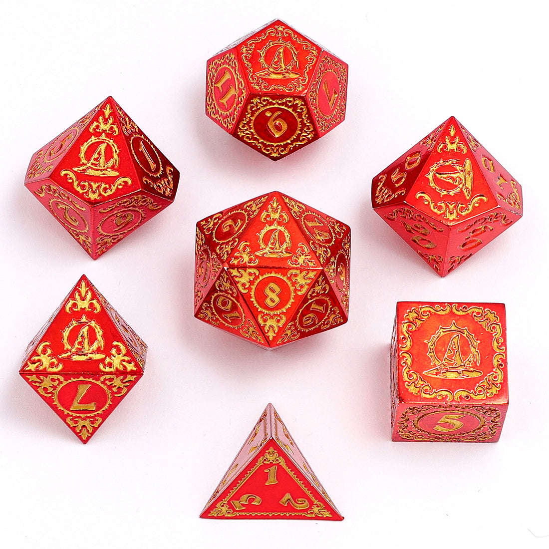 Wizard Solid Metal Polyhedral Dice Set -Red w/Gold | D20 Games