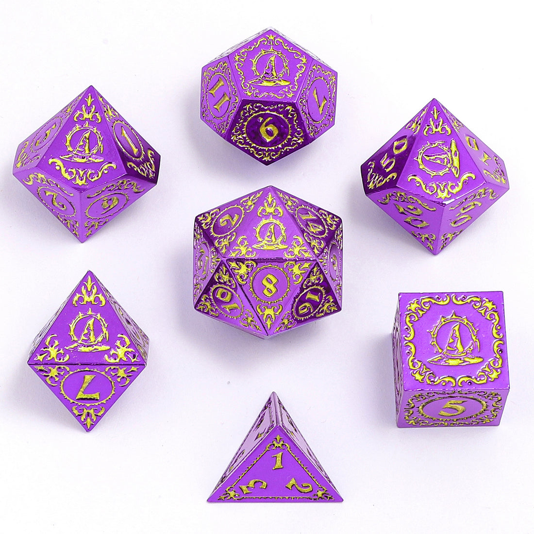 Wizard Solid Metal Polyhedral Dice Set -Purple w/Gold | D20 Games