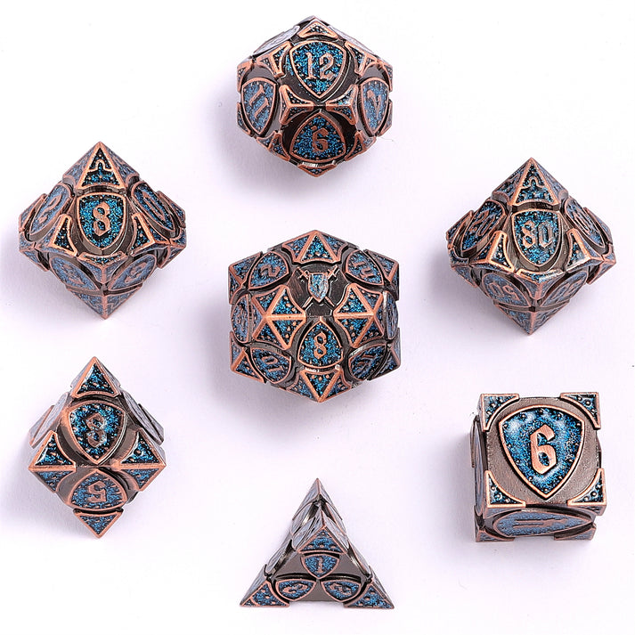 Solid Metal Fighter RPG Dice Set - Copper w/Blue Glitter