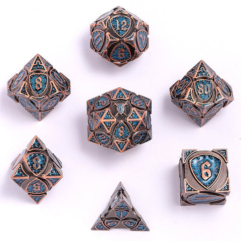 Solid Metal Fighter RPG Dice Set - Copper w/Blue Glitter