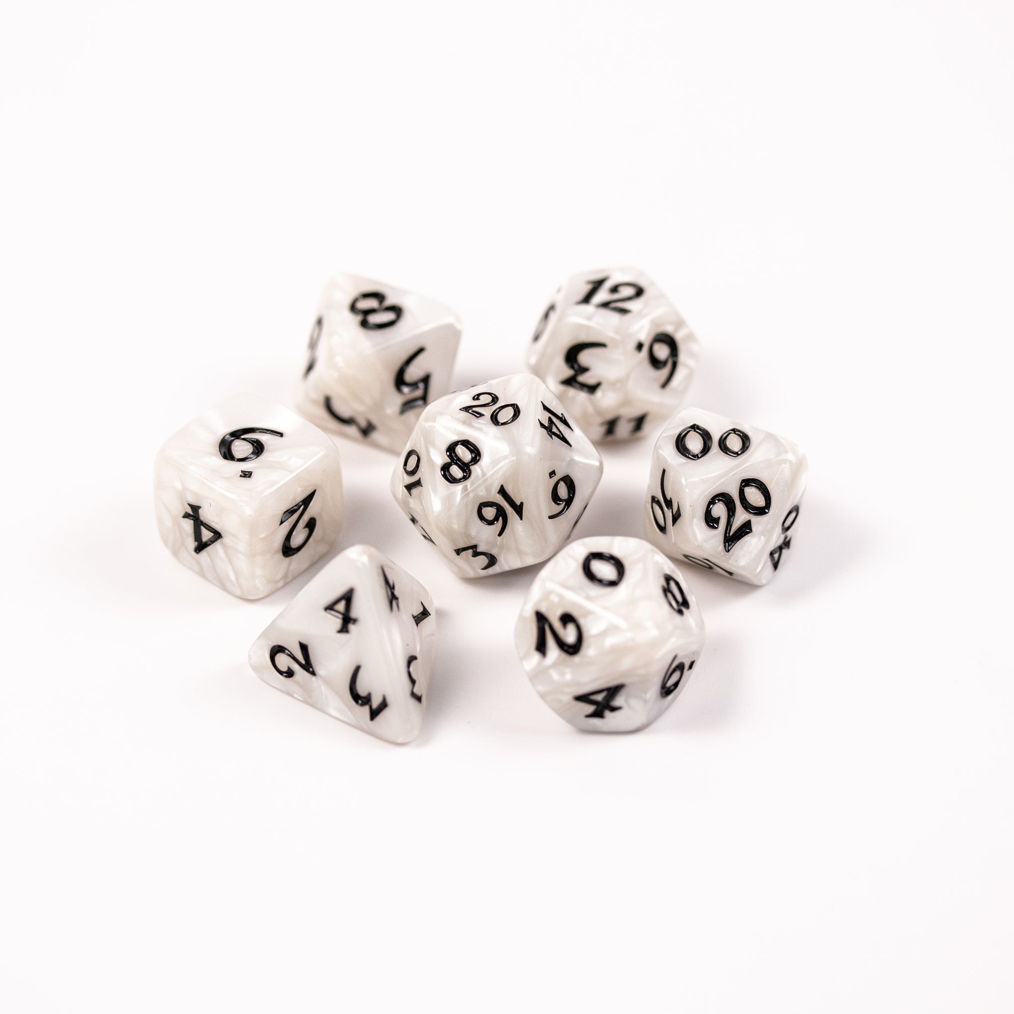 7pc RPG Set - Elessia Essentials - White with Black | D20 Games