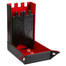 Black and red dice tower with two red dice on a white background