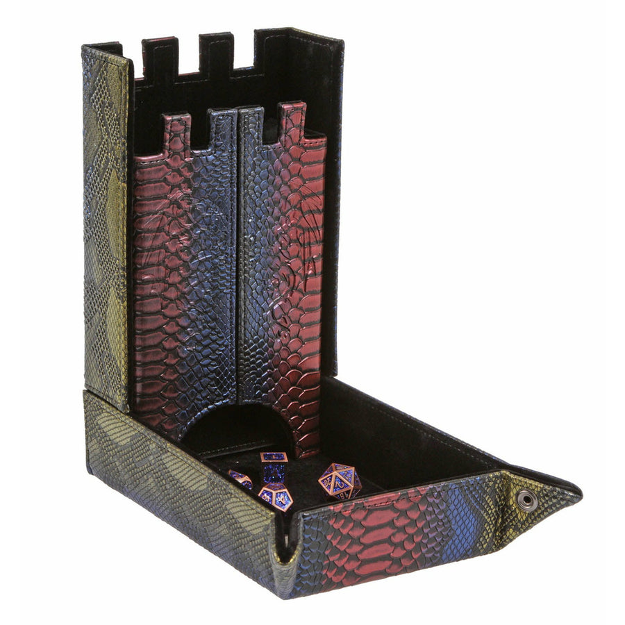 Forged Draco Castle Dice Tower & Dice Tray, Rainbow Dragon Skin | D20 Games