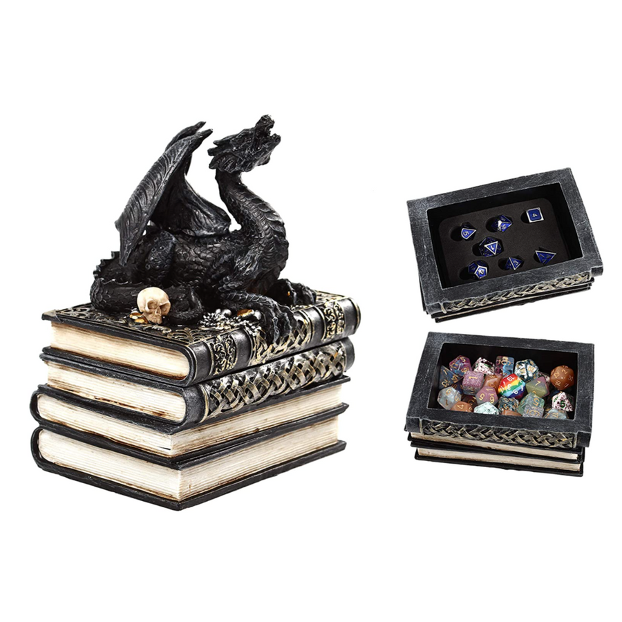 Forged Dragon on a Pedestal of Books Dice Box | D20 Games