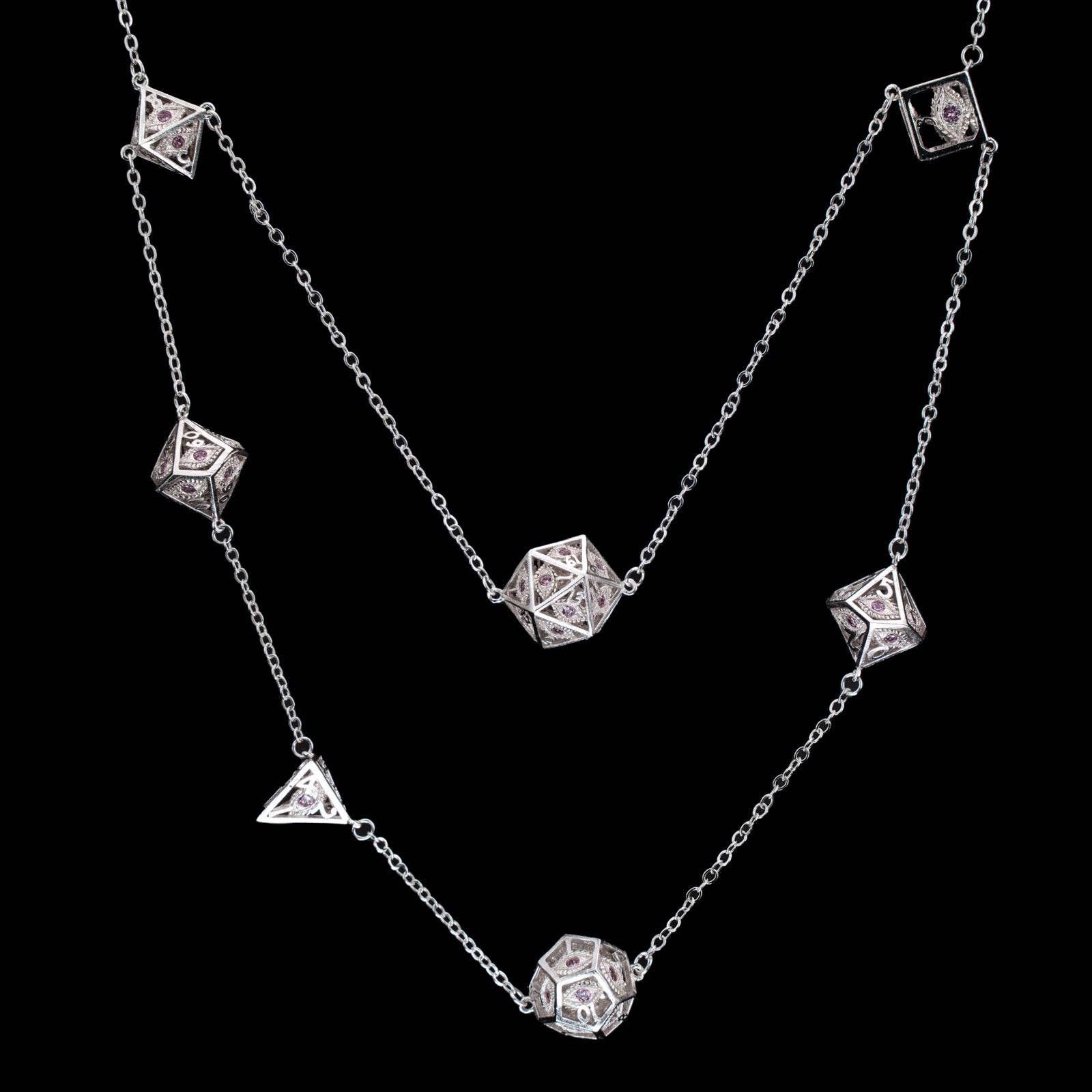 Dragon's Eye 7-die Necklace - Silver with Pink Gems | D20 Games
