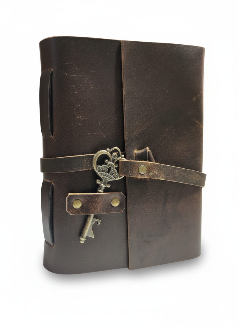 Brown leather journal with a strap and key on a white background