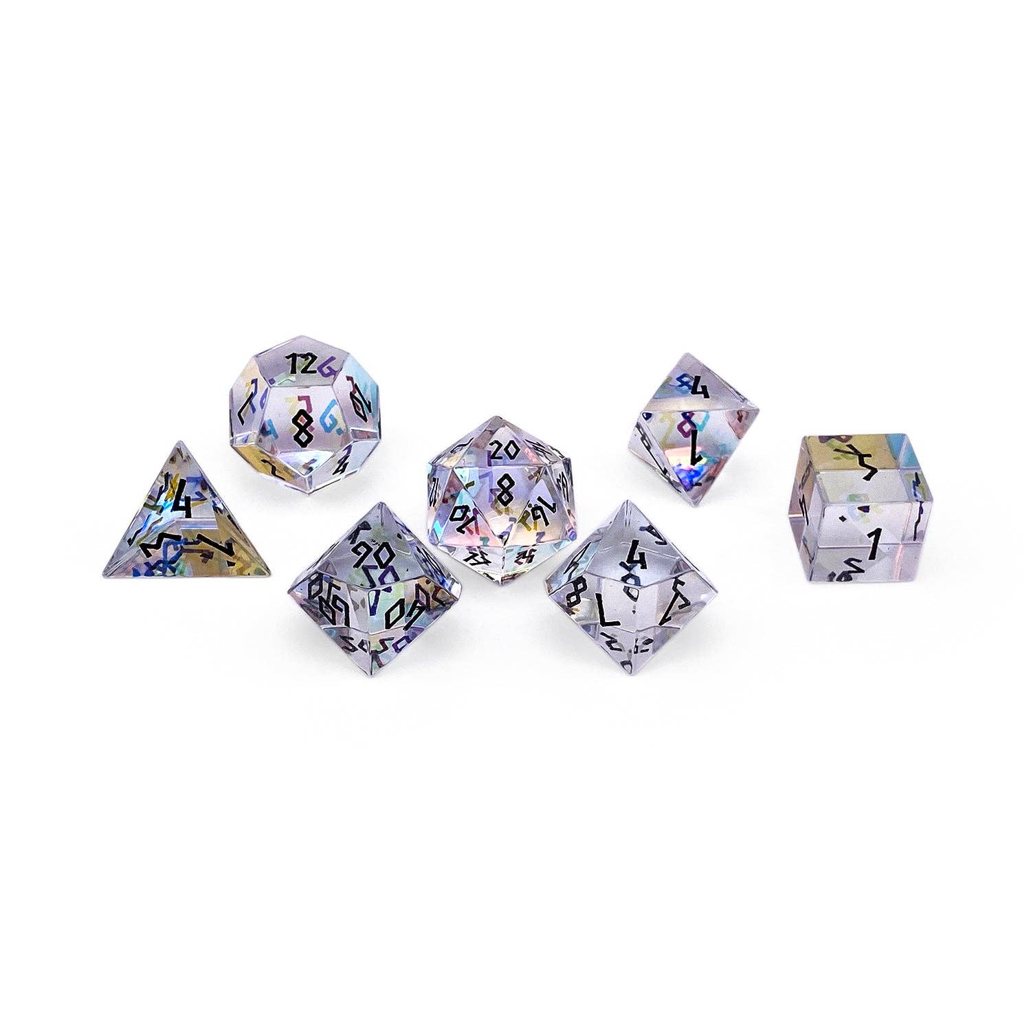 K9 Rainbow Glass - Black Font - 7 Piece RPG Set Glass Dice | D20 Games