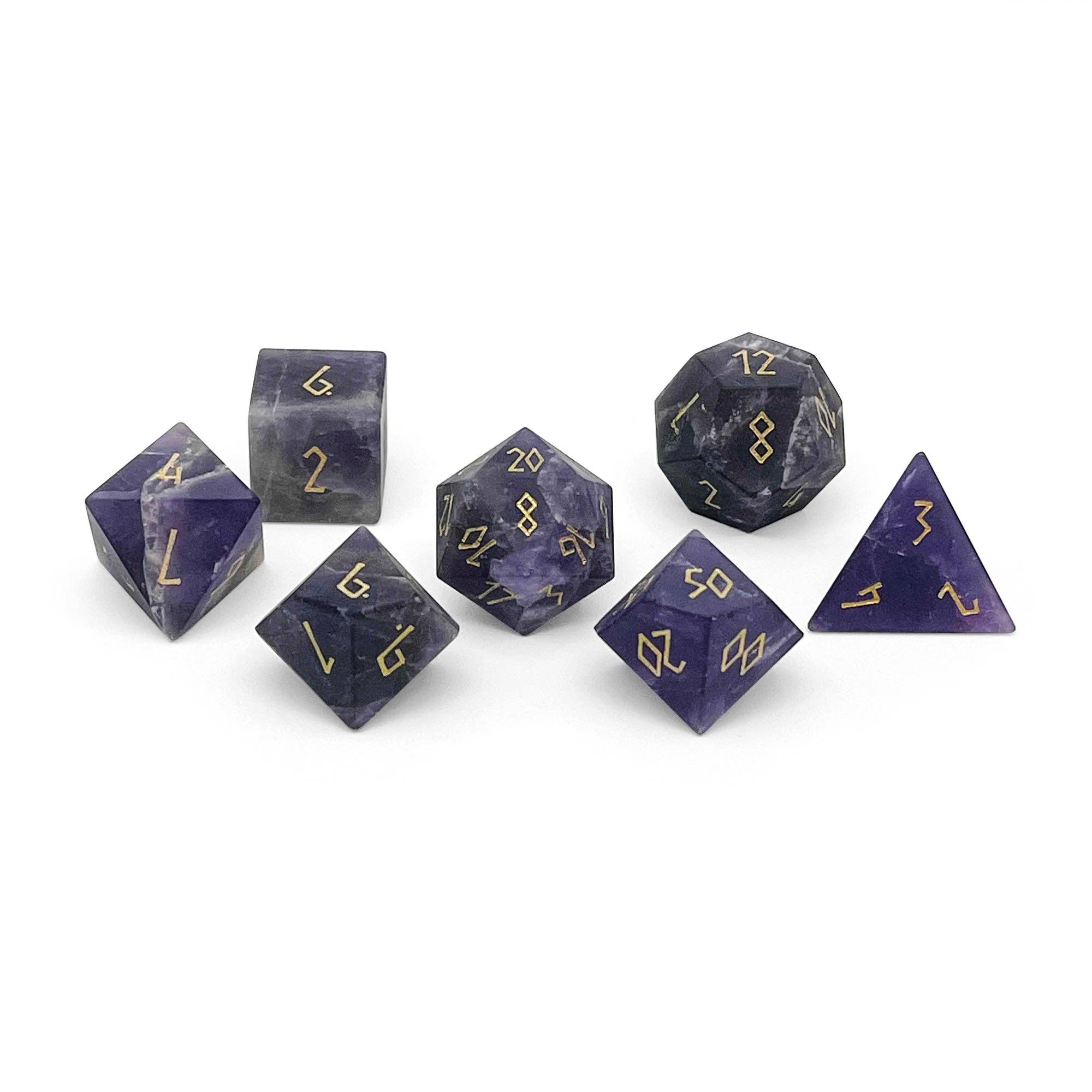Amethyst - Frosted Gold Font 7 Piece RPG Set Gemstone Dice | D20 Games