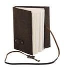 Brown leather notebook with a strap on a white background