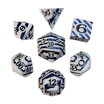 Set of polyhedral dice with black and blue numbering on a white background | D20 Games