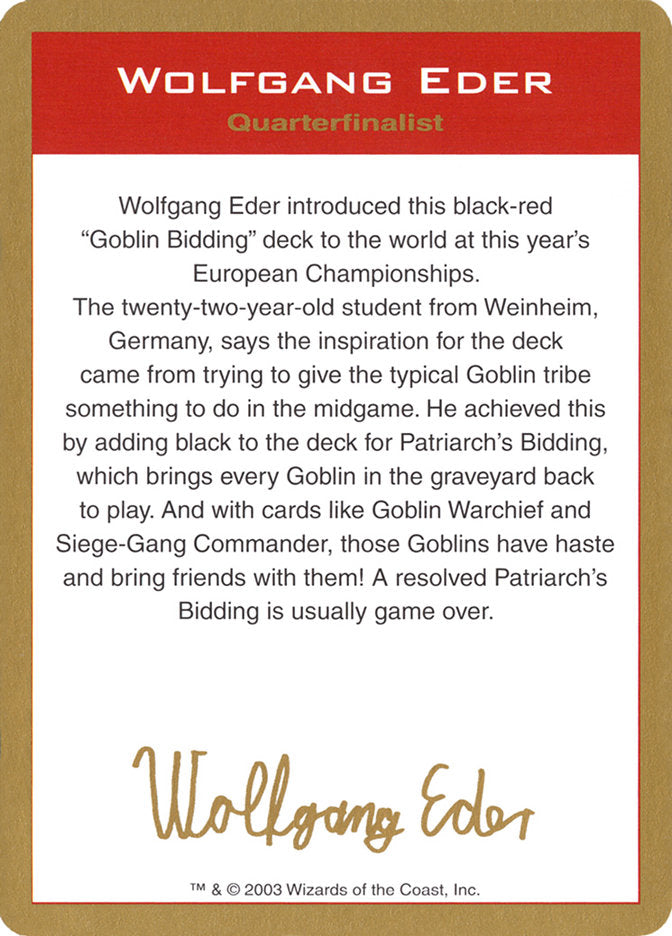 Wolfgang Eder Bio [World Championship Decks 2003] | D20 Games