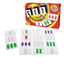 A family card game called 'Set' with a box and various cards displayed, featuring geometric shapes and colors.