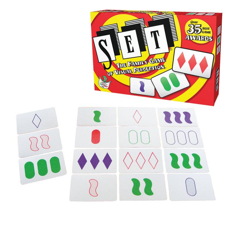 A family card game called 'Set' with a box and various cards displayed, featuring geometric shapes and colors.