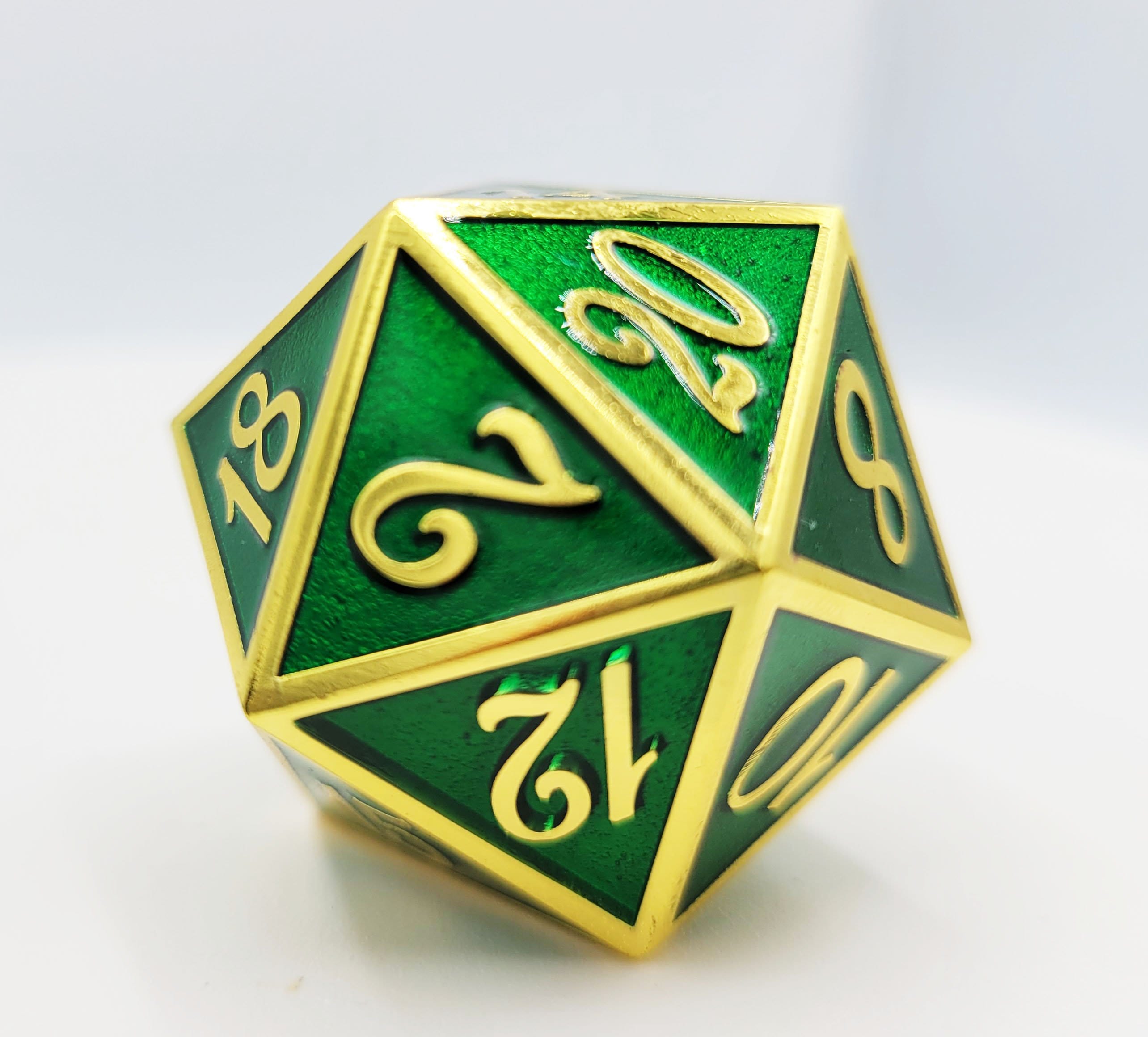 D20 Gold with Emerald - 35mm Extra Large Metal Dice Foam Brain Games | D20 Games