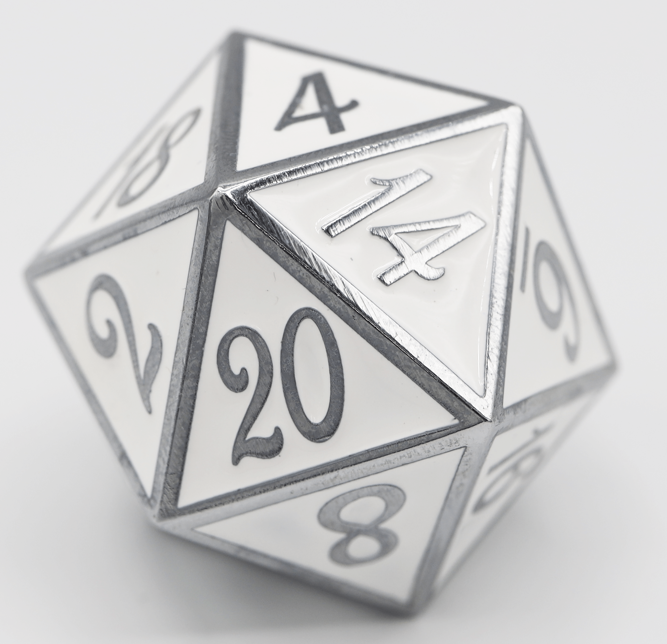 D20 Silver with White - 35mm Extra Large Metal Dice Foam Brain Games | D20 Games