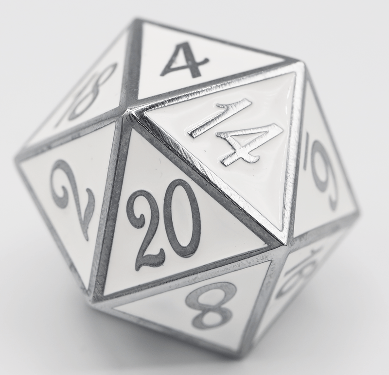 D20 Silver with White - 35mm Extra Large Metal Dice Foam Brain Games