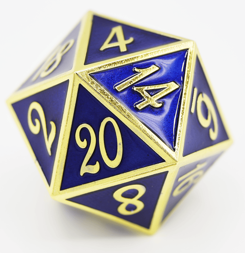 D20 Gold with Sapphire - 35mm Extra Large Metal Dice Foam Brain Games
