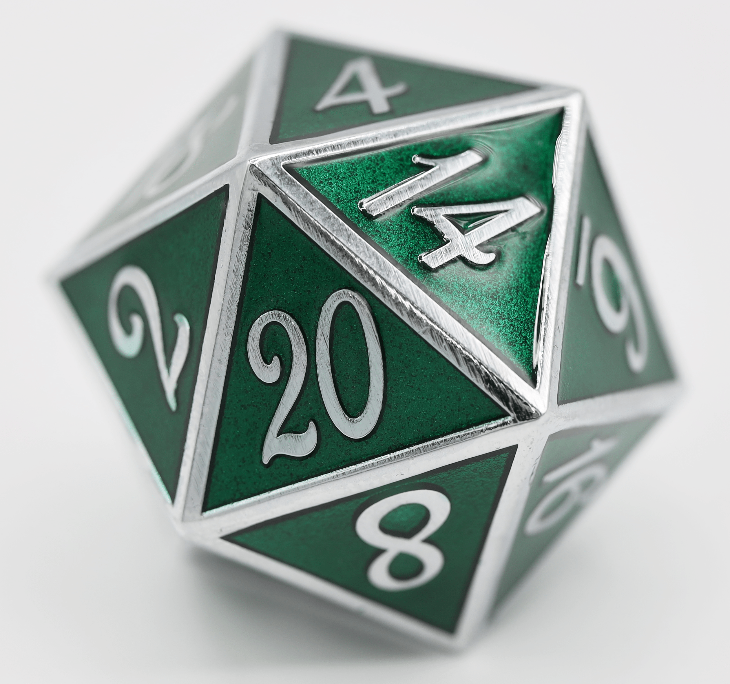 D20 Silver with Emerald - 35mm Extra Large Metal Dice Foam Brain Games | D20 Games