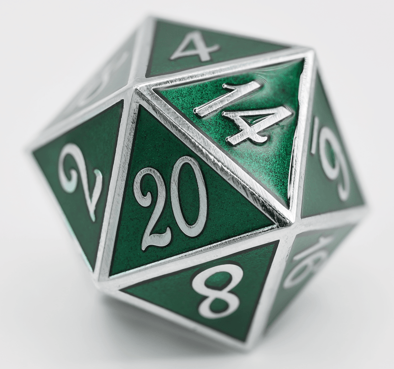 D20 Silver with Emerald - 35mm Extra Large Metal Dice Foam Brain Games