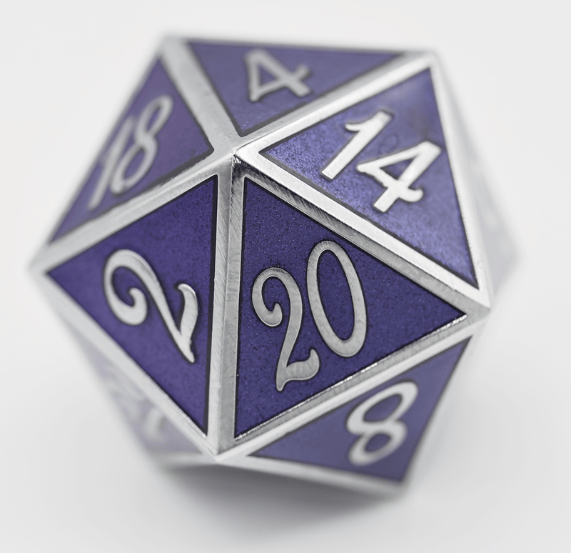 D20 Silver with Amethyst - 35mm Extra Large Metal Dice Foam Brain Games