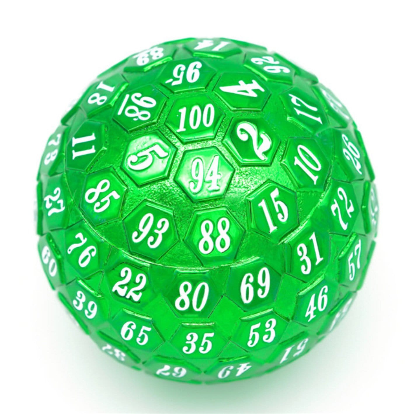 45mm Metal D100 - Green with White Font Metal Dice Foam Brain Games | D20 Games