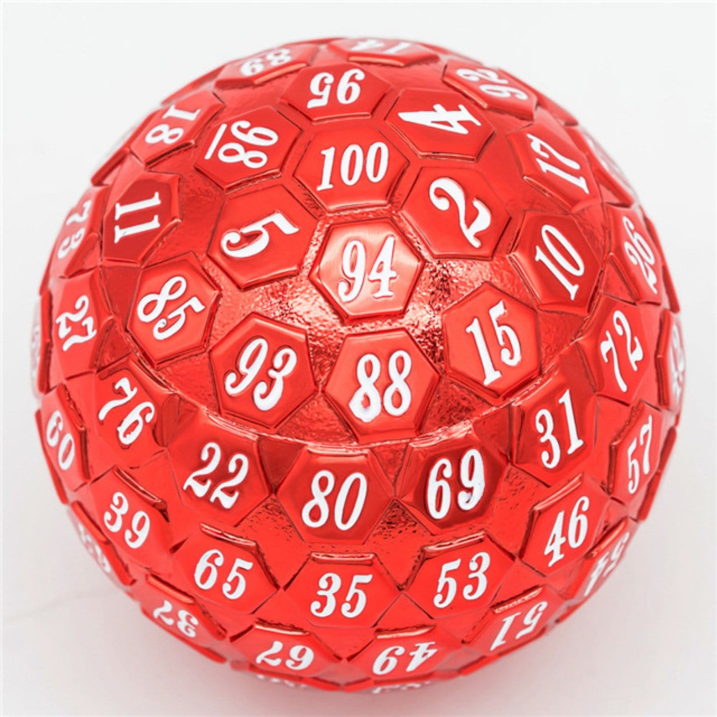 45mm Metal D100 - Red with White Font Metal Dice Foam Brain Games | D20 Games