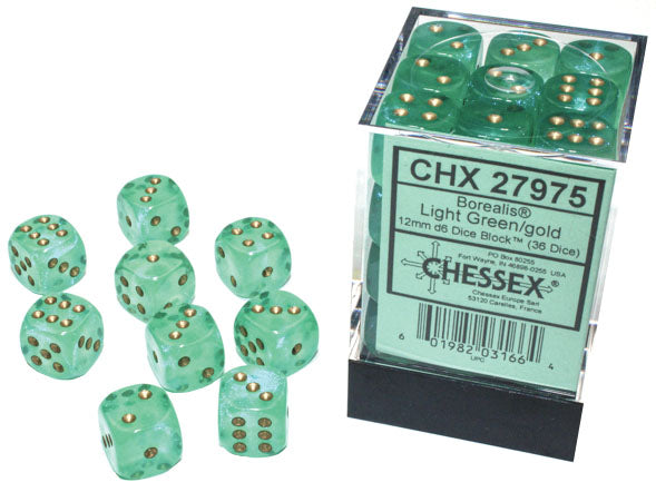 Chessex -  Borealis Light Green + Gold Luminary 12mm D6 Dice Block