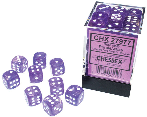 Borealis: 12mm d6 Purple/white Luminary Dice Block (36 dice) 27977 | D20 Games