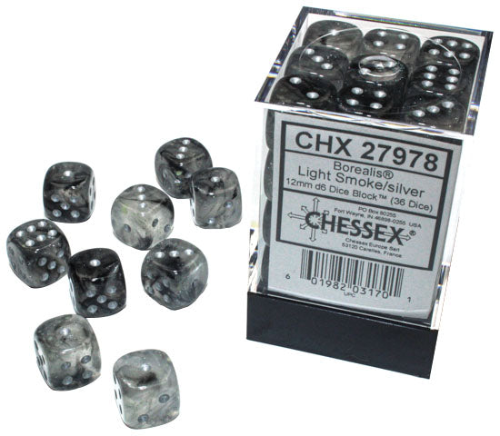 Borealis: 12mm d6 Light Smoke/silver Luminary Dice Block (36 dice) 27978 | D20 Games