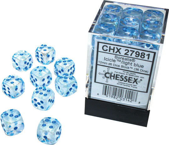 Borealis: 12mm d6 Icicle/light blue Luminary Dice Block (36 dice) 27981 | D20 Games